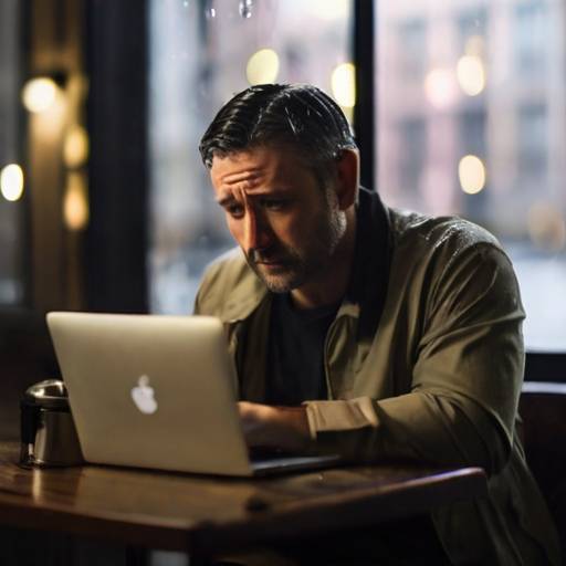 anxious man looking at computer in cafe