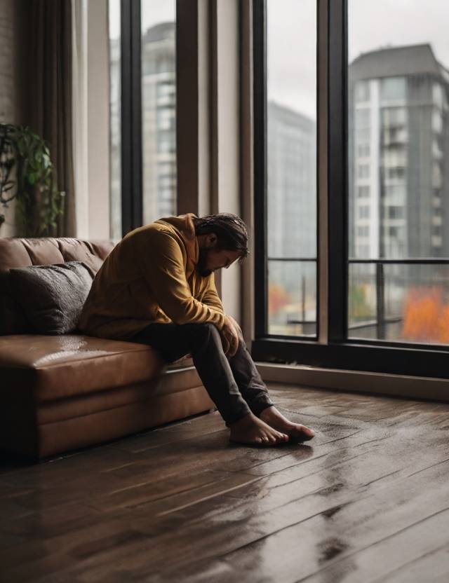 a man in his vancouver apartment sitting on his couch very stressed out and depressed looking at the hardwood floor