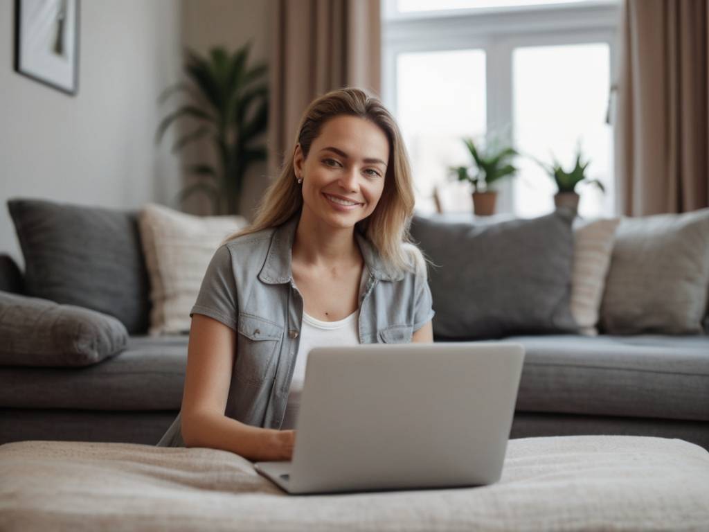 woman on computer in her living room